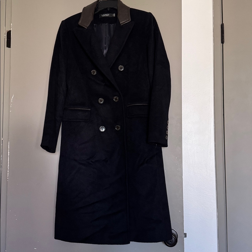 Regal Navy Double-Breasted Coat with Leather Collar